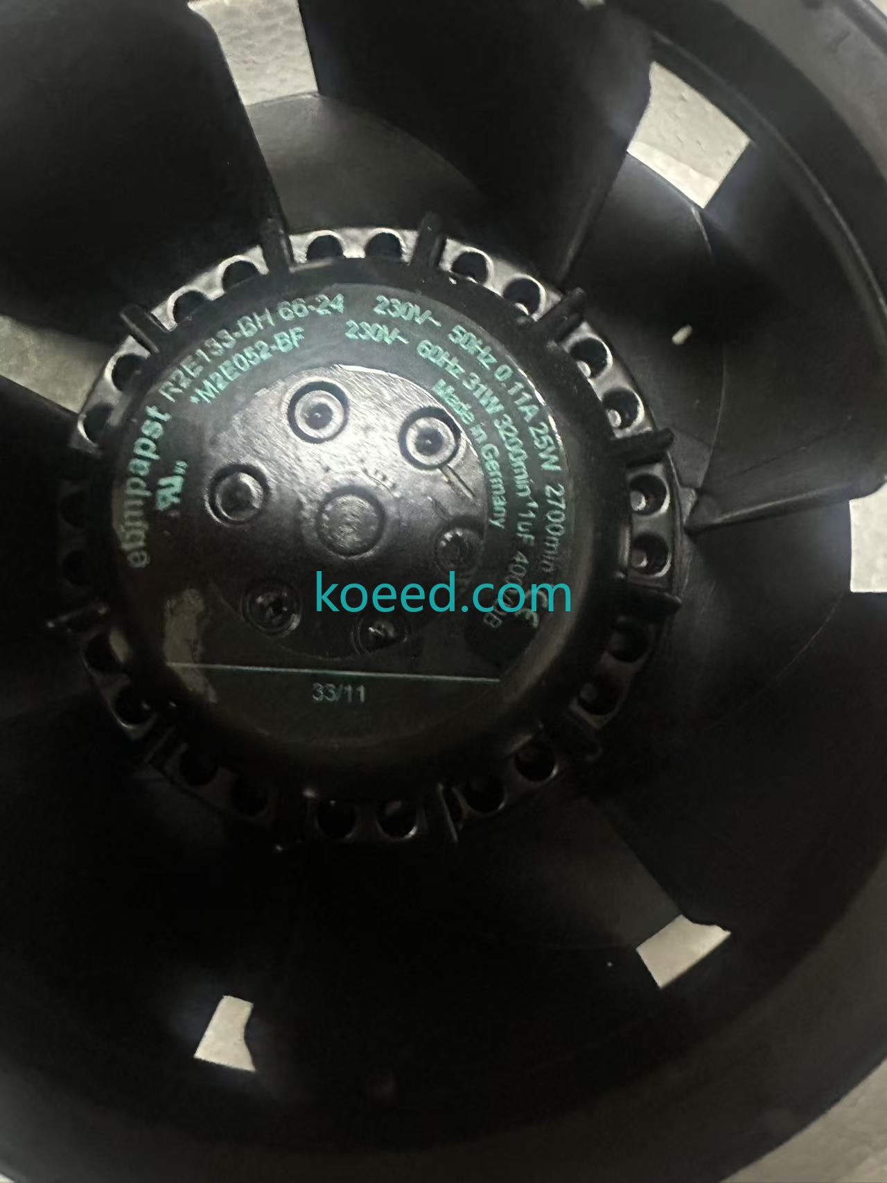 ebmpapst R2E133-BH66-24 label with Made in Germany wording and separate 230V–50Hz and 230V–60Hz lines, including 25W and 31W respectively.