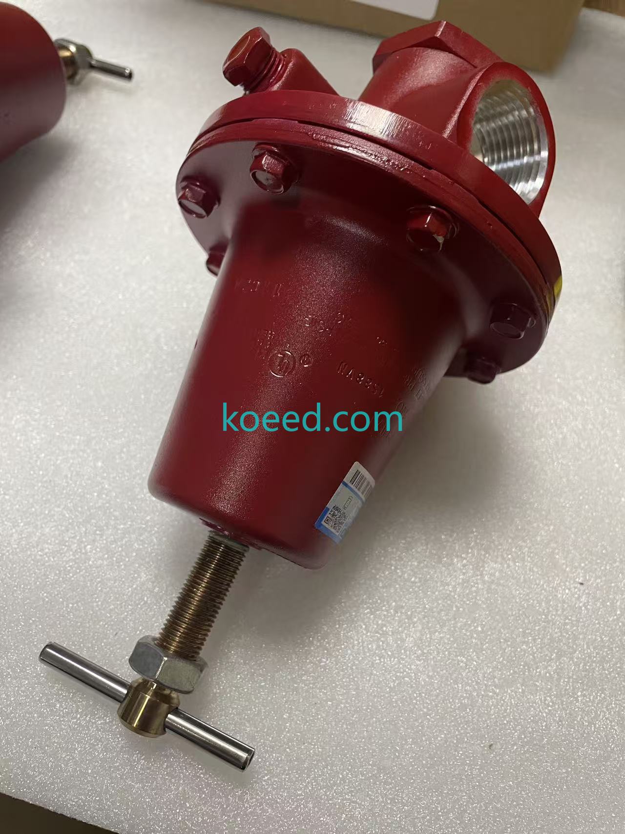 Red assembly with a bolted circular joint, threaded opening and threaded stem with T-handle; no pressure setting or leak-test result is established.